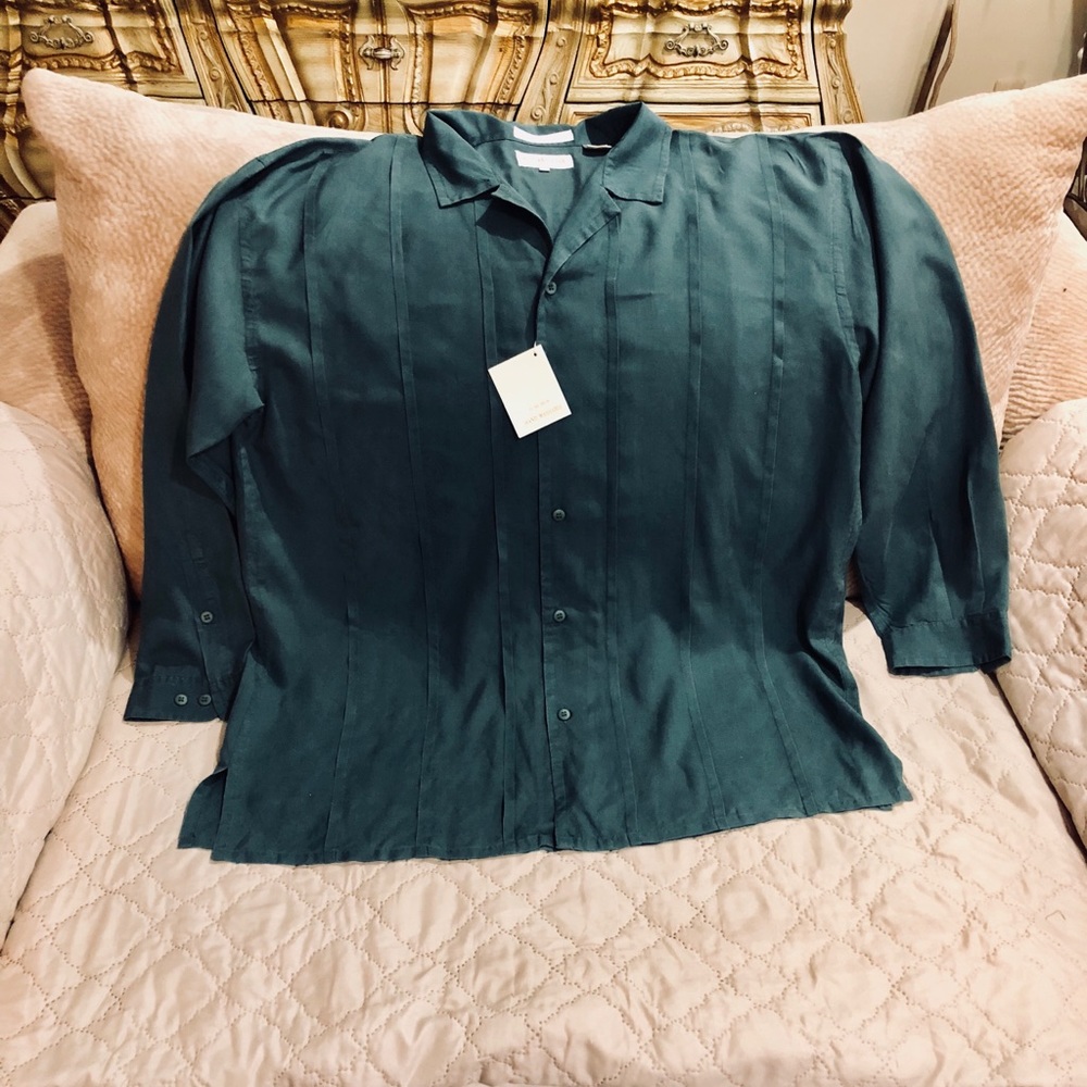 100% Silk Porcini Long Sleeve Green Shirt XL
